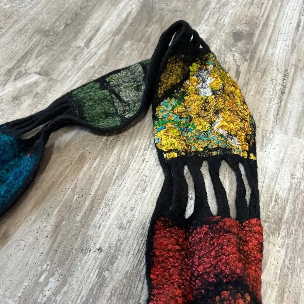 Handmade boho, avant-garde artisan felted scarf with patchwork design and fringe